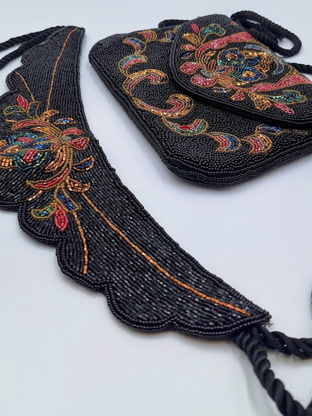 Vintage Lillian Vernon Multicolor Beaded Evening Purse and Belt Set - Tie Waist